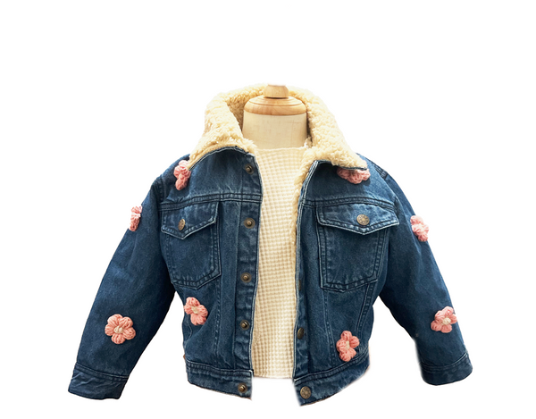 Denim brown shearling flower puff kids jacket