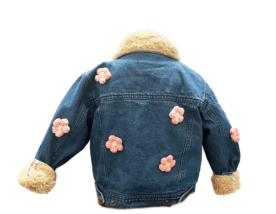 Denim brown shearling flower puff kids jacket